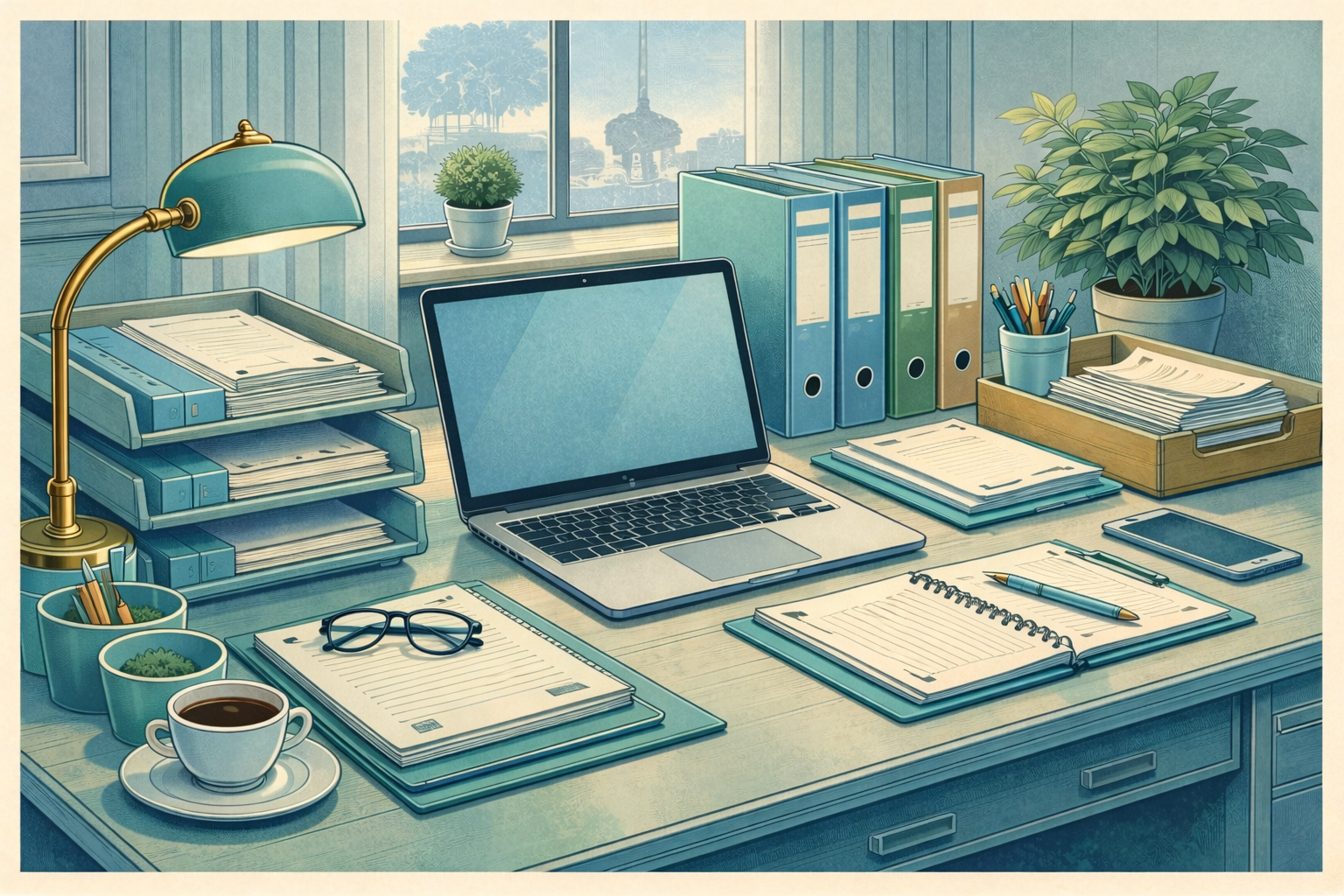 Laptop beside a window with coastal scenery beyond