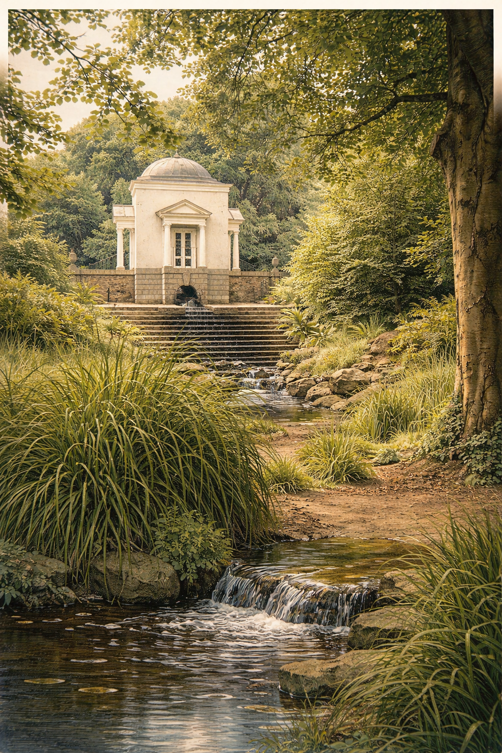 Garden stream leading to a domed pavilion