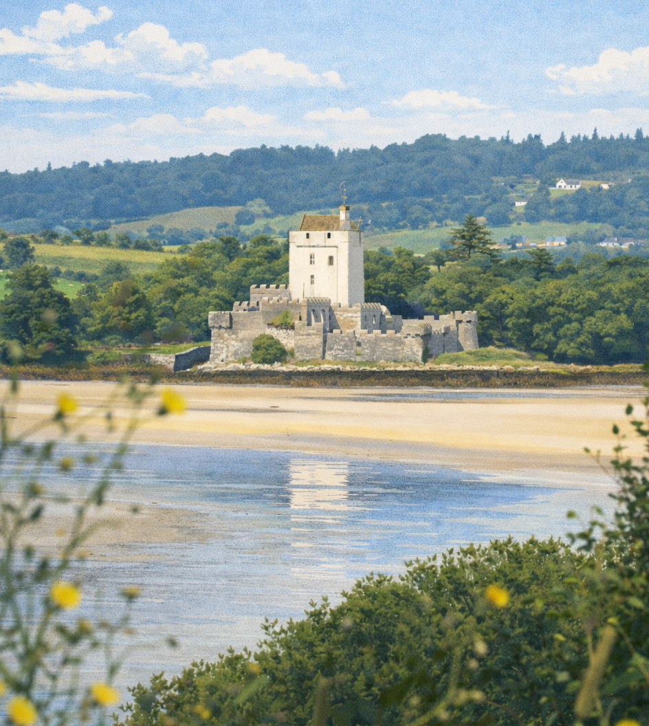 Coastal castle across a tidal estuary
