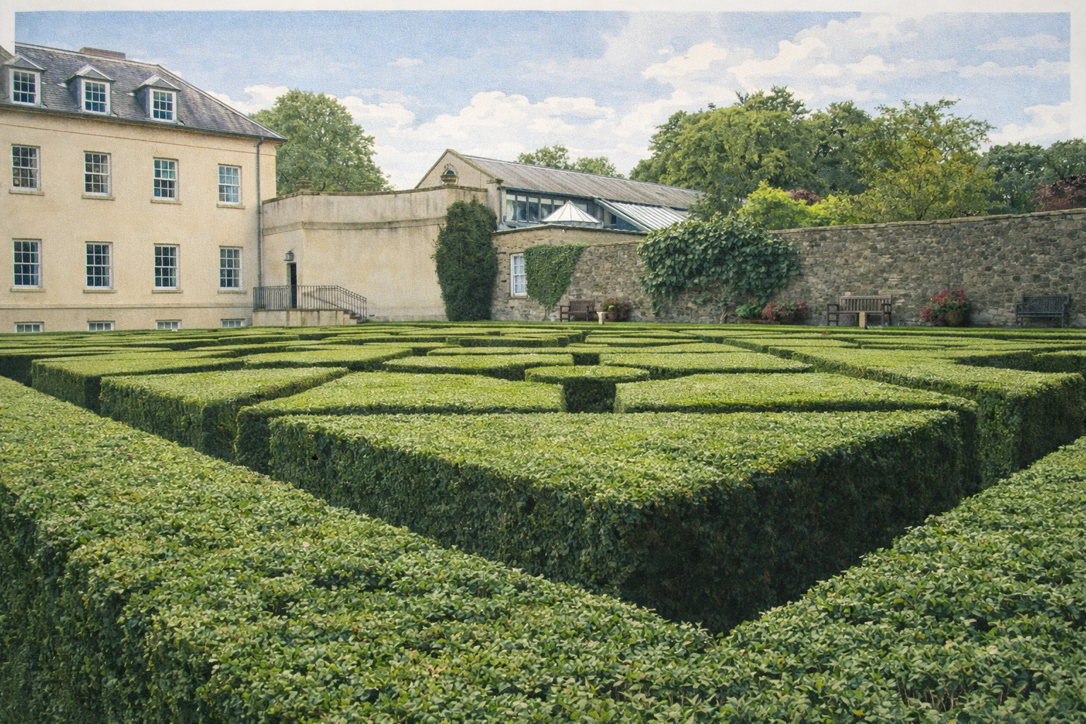 Formal garden maze beside a historic estate
